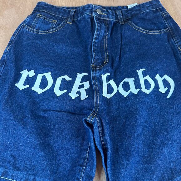 Shein Rock Baby Jeans Women’s L Blue Denim Smiley Face Patch Distressed Y2K - Picture 2 of 8